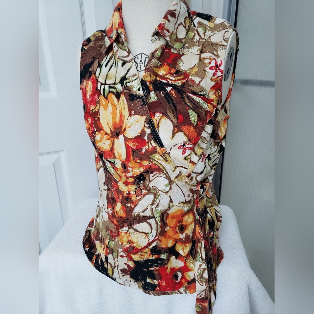 Choices 100% Linen Sleeveless Wrap Top "Watercolor" Floral Print size Large